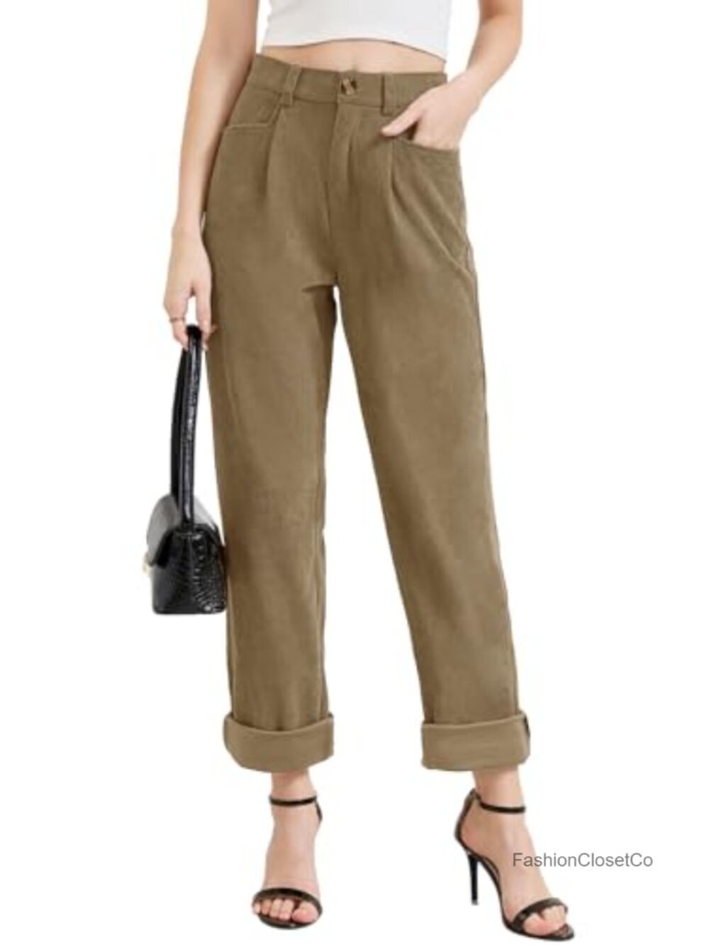 Women's Corduroy Pants High Waisted Straight Leg Stretchy Work Trousers with